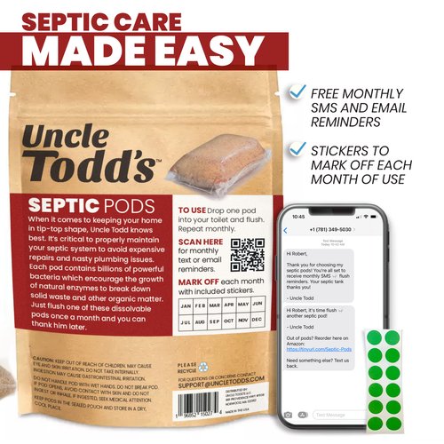 Uncle Todd's Septic Pods - Septic Tank Treatment - 12 Count One Year Supply - One Flush per Month - Free SMS & Email Reminders - Eco-Friendly and Powerful Solution for Septic Systems