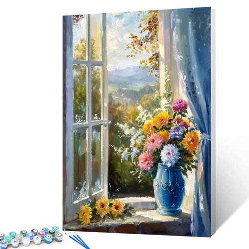Flowers in Vase Paint By Numbers for Adults Beginner Yellow Sunflowers DIY Paintwork Acrylic Canvas Home Office Decor Window Forest Landscape Painting Kits Craft 16x20 Inch Boho Gift（DIY Frame）