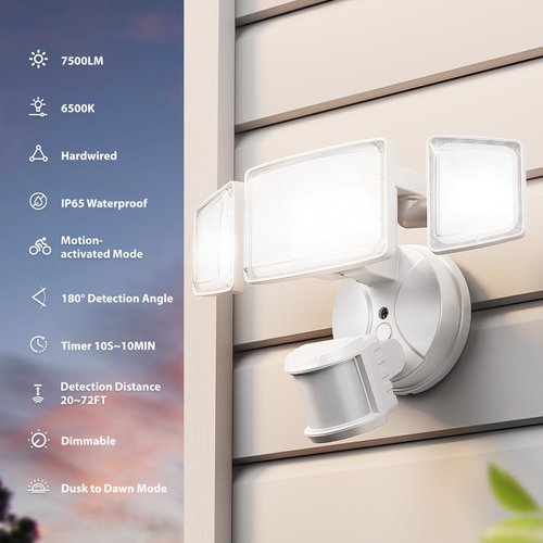 Onforu 75W LED Motion Sensor Outdoor Lights, Dusk to Dawn Flood Lights Outdoor Motion Sensor, Hardwired Security Lights Floodlights Outside 7500LM 6500K Daylight IP65 Waterproof (White)
