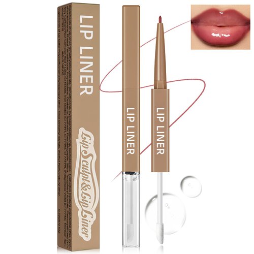 HOSAILY Double-ended Lip Liner with Clear Lip Oil, Moisturizing High Shine Transparent Lip Glow Oil with Nude Pink Lip Liner Set, Non-Sticky Plumping Lip Gloss Combo Lipstick Makeup-02