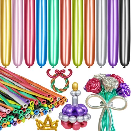 LXZFCRG 260 Long Balloons, Shiny Metallic Latex Twisting Balloons for Balloon Animals, Magic Balloons for Birthdays Wedding Party Decorations 100pcs (Metallic Multi)