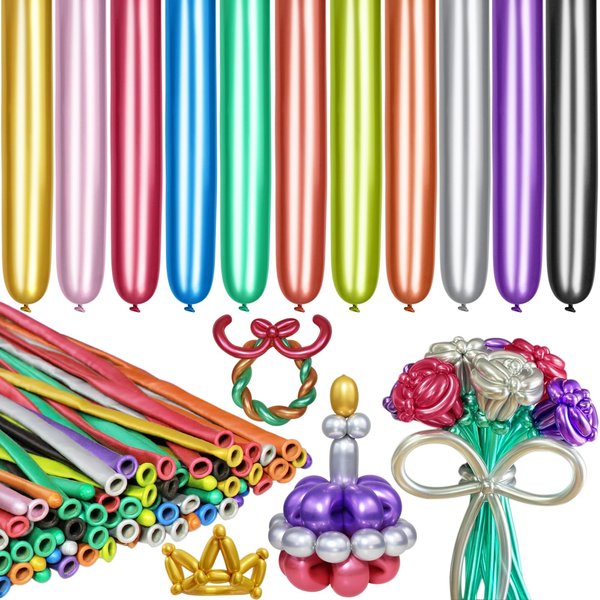 LXZFCRG 260 Long Balloons, Shiny Metallic Latex Twisting Balloons for Balloon Animals, Magic Balloons for Birthdays Wedding Party Decorations 100pcs (Metallic Multi)