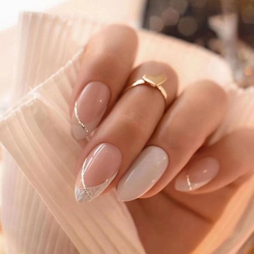 Almond Press on Nails Cream White Gold Line Fake Nails Elegant French Acrylic Nails Medium Length Glue on Nails Glossy Nude Almond False Nails for Women Girls
