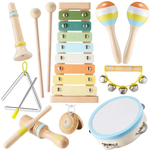 Baby Musical Instruments - Neutral Colors Percussion Instruments Set, Montessori Wooden Music Toys for Toddlers with Modern Boho Xylophone for Kids Preschool Educational with Storage Bag