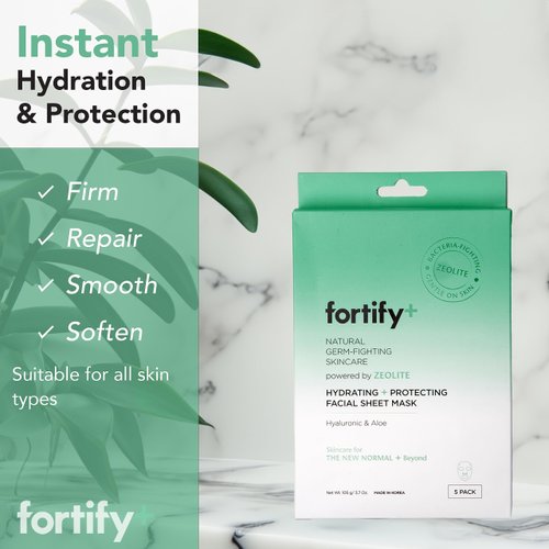 Fortify Facial Sheet Mask - Hyaluronic Acid, Aloe, and Zeolite - Moisturizing & Anti Aging - Creates Protective Barrier - Vegan, Cruelty Free - Made in Korea - 5 Pack