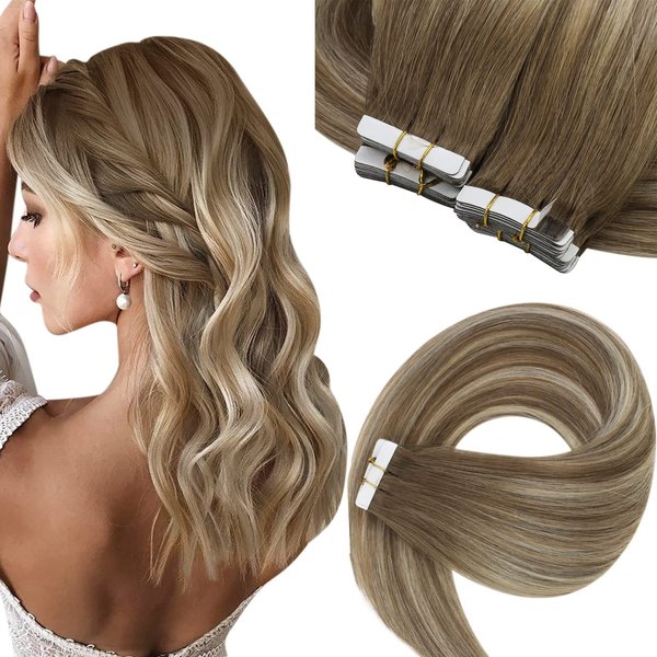 Sunny Tape in Human Hair Extensions Ombre Blonde Tape ins Hair Extensions Balayage Medium Brown Ombre Platinum Blonde Tape Hair Extensions Real Human Hair Ombre Blonde 20pcs 50g 22inch