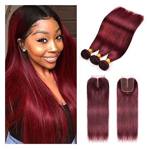 Straight Hair 8A Brazilian Virgin Hair 99j Burgundy Straight Hair 100% Unprocessed Human Hair Weaves 3 Bundles with Lace Closure 4x4 Free Part Red Wine Color Weft Weaves (10 12 14 with 10C, 99j)……