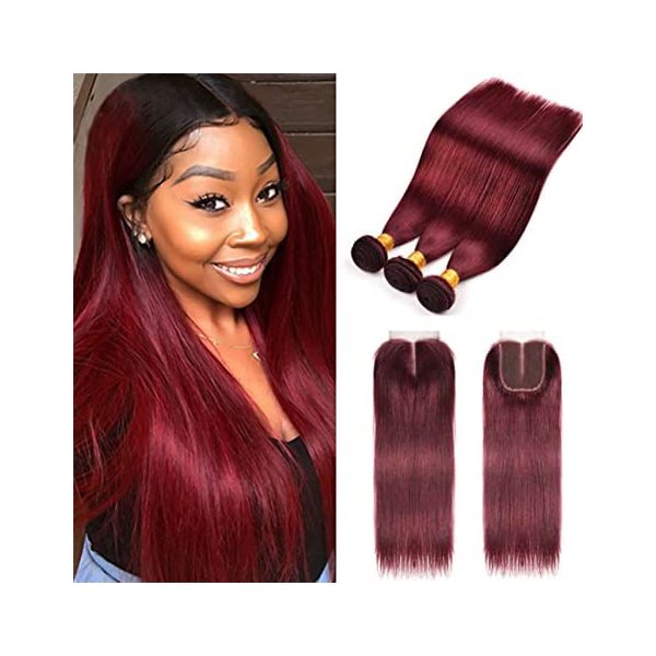 Straight Hair 8A Brazilian Virgin Hair 99j Burgundy Straight Hair 100% Unprocessed Human Hair Weaves 3 Bundles with Lace Closure 4x4 Free Part Red Wine Color Weft Weaves (10 12 14 with 10C, 99j)……