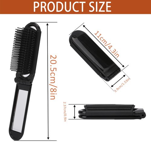 2 Pcs Foldable Hair Brush with Mirror Portable Travel Hair Brush Pocket Size Anti-static Mini Hairbrush Small Compact Massage Comb Hair Styling Tools for Women Girls Home Travel Gym Purse (Black)