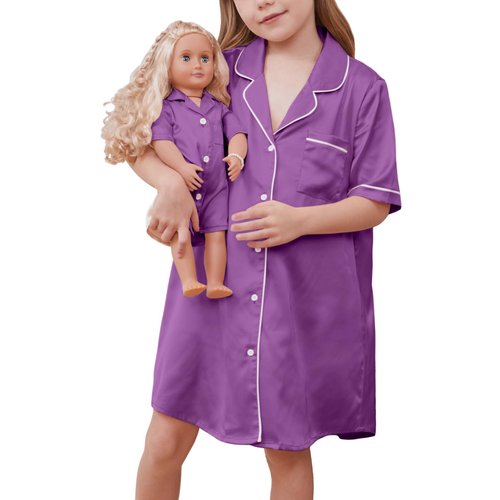 QPANCY Matching Girls& Doll Satin Nightgowns Silk Pajamas Purple Button Down Sleepwear Short Sleeve Night Dresses Size 6 7