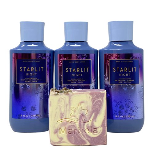 Bath and Body Works STARLIT NIGHT 24 hr Moisture Shea Butter + Vitamin E Body Lotion Value Pack - Lot of 3 With Lavender Dream Artisan Bar Soap.