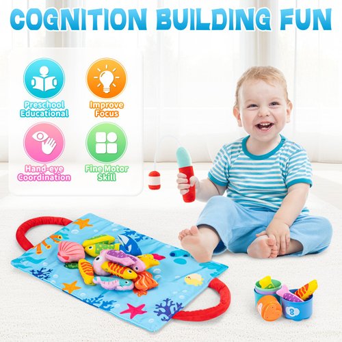 ARCTURINE Fishing Games for Kids 1-3, 14 in1 Toddlers Cloth Toy Set with Stacking Cups Baby Toy for Counting, Color Sorting, Ideal Christmas Birthday Gift for Early Education