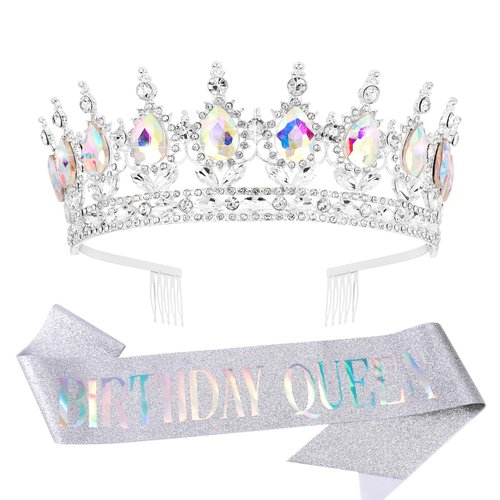 Vovii Birthday Crown & Sash Set for Women, AB Rhinestone Tiara & Birthday Queen Sash for Women Birthday Decorations, Happy Birthday Party Decorations for Birthday Crown Adult Woman
