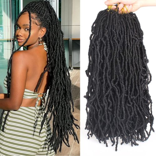 Xtrend 7 Packs Black New Faux Locks Crochet Braids Hair 18 Inch Synthetic Soft Dreads Braiding Hair 18Strands Fashion Faux Locks Curly Wavy Hair Extensions For Women 1B#
