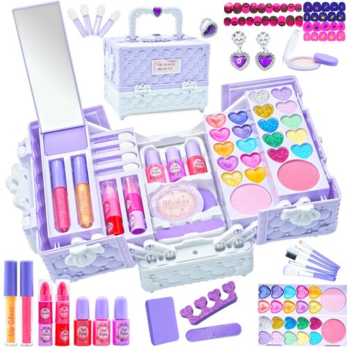 Kids Makeup Kit for Girl - Safe and Washable Makeup for Kids, Real Girls Makeup Kit, Toddler Makeup Kit with Cosmetic Case, Girls Toys Age 4-12, Princess Toys Birthday Gifts for Girls(Light Purple)