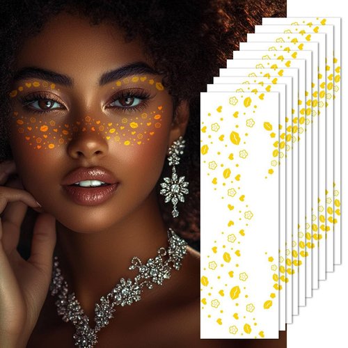 Gold Glitter Freckles Temporary Face Fake Tattoos For Women, Sparkle Waterproof Makeup Patches, Glow Up Faux Flower & Kiss Speckles - 10 Count