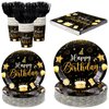 Vesici 120 Pcs Happy Birthday Party Supplies Disposable Party Tableware Serves 24 Included 7 Inch 9 Inch Plates Napkins Cups Forks for Men Woman 50th Birthday Party Decorations (Black and Gold)