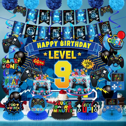 Video Game 9th Birthday Party Decorations Blue Black Happy Birthday Level 9 Banner Backdrop Honeycomb Centerpieces Hanging Swirls Tissue Paper Pompoms Kit for Boy 9 Years Old Game Controller Supplies