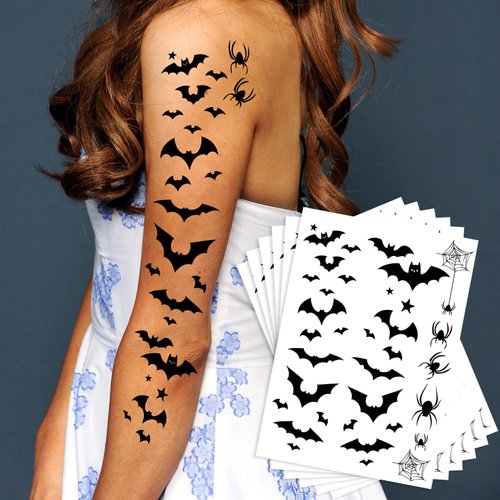 6-Pack Halloween Bat and Spider Temporary Tattoo Stickers - 5.5 x 8.2 Inch Black Bat, Spider, and Web Design - Perfect for Halloween Cosplay, Party Decorations, and Kids & Adults Face and Body Makeup