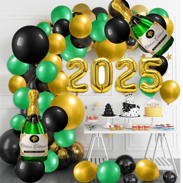 New Years Eve Party Supplies 2025, 111Pcs Black Green Gold Happy New Year Balloons Arch Kit,2025 Foil Balloon for New Years Eve Party Decorations