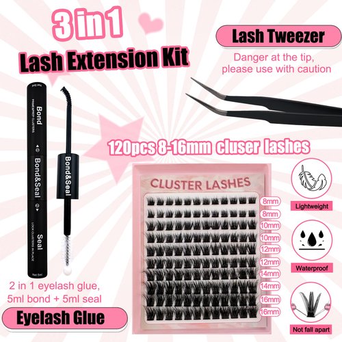 Fluffy Lash Clusters Kit 120pcs DIY Lash Extension Kit, Wispy Lash Clusters Kit Natural 8-16mm D Curl Eyelashes Extension Kit with Lash Bond and Seal and Lash Tweezers.(120P-YE-Kit)