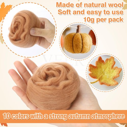 Needle Felting Wool - 10 Colour Fall Orange Brown Earth Tone Nature Fibre Wool Roving Yarn Hand Spinning Supplies for Beginners Adult Thanksgiving DIY Craft Materials, 10g/Colour