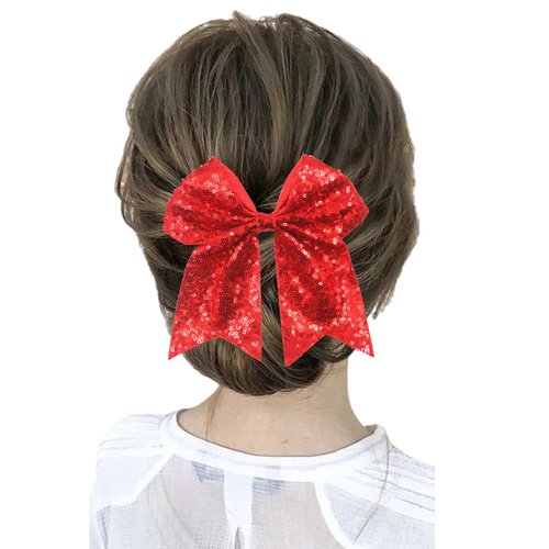 JINBUYAO 7" Jumbo Bow Hair Clip for Girls Big Glitter Cheer Bow Clip Sequin Bow Ponytail Duckbill Hair Clip for Women Teen Cheerleader Costume Accessories(Red)
