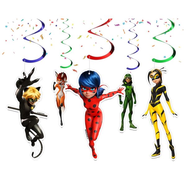 10 Pcs Miraculous Ladybug Streamers for Kids. Cartoon Ladybug Hanging Ceiling Swirls for Birthday Party Decorations.