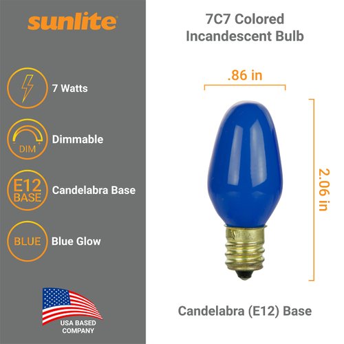 Sunlite 01255 7C7 Incandescent Bulb, 7 Watt, Candelabra E12 Base, C7 Small Night Light, Colored Bulb, Blue, 25 Count