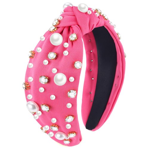 Zkptops Knotted Headband Pearl Rhinestone Headband for Women Beaded Wide Top Knot Headbands Crystal Jeweled Headwear Turban Hair Band Fashion Non Slip Sparkly Headpiece Hair Accessories Gift(Hot Pink)