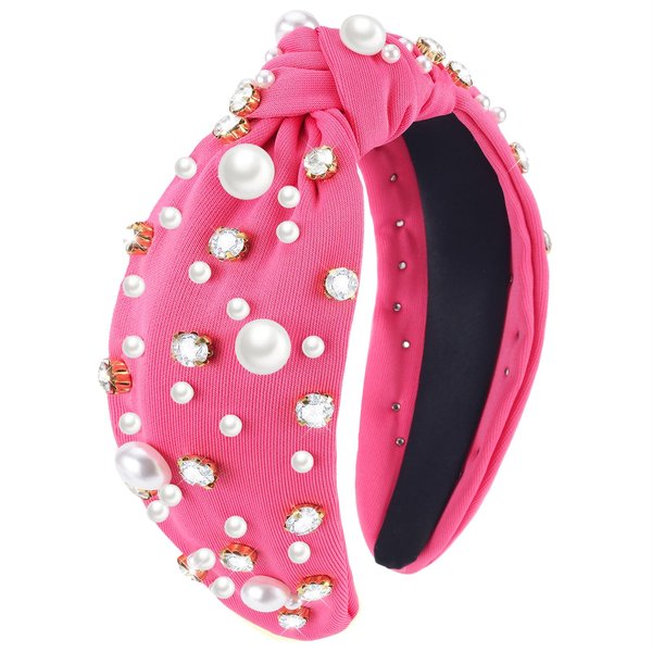 Zkptops Knotted Headband Pearl Rhinestone Headband for Women Beaded Wide Top Knot Headbands Crystal Jeweled Headwear Turban Hair Band Fashion Non Slip Sparkly Headpiece Hair Accessories Gift(Hot Pink)