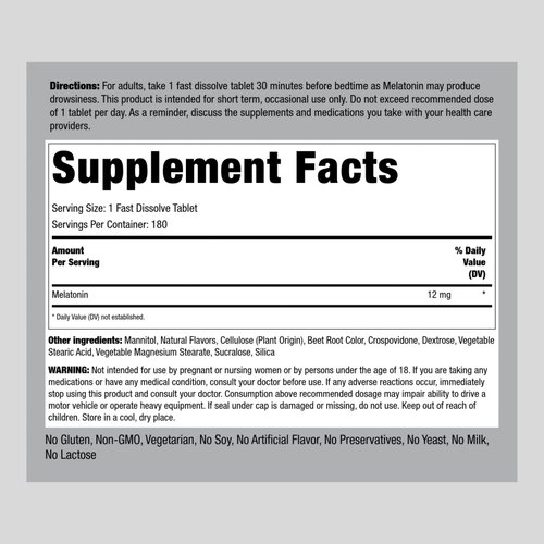 Piping Rock Melatonin 12 mg | 180 Fast Dissolve Tablets | Berry Flavor | Non-GMO, Gluten Free Supplement