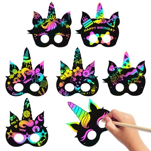 MALLMALL6 24Pcs Magic Horse Mask Scratch DIY Masks Party Favors Color Reveal Scratchboard Magic H...