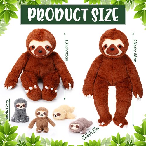 Kasyat 5 Pcs Sloth Plush Toy Set 13 Inch Mommy Sloth Stuffed Animal with 4 Cute Baby Sloth Plushies in Zippered Belly for Kids Birthday Gifts Home Decors Baby Shower Party Favors(Brown)