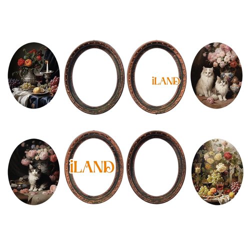 iLAND Miniature Dollhouse Accessories, 4 Dollhouse Picture Frames Set w/Printed Paintings (4 Dark Brass Oval Frames w/ 4 Pictures)