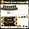 Retirement Party Decorations For Women Men, Black And Gold Happy Retirement Banner Sign Party Supplies, 180cm X110cm Retired Backdrop for parties, 8pcs Hanging Swirl