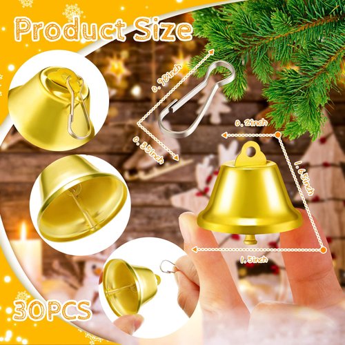 30 Pieces Craft Bells Small Brass Bells for Crafts Vintage Bells with Spring Hooks for Hanging Wind Chimes Making Dog Training Doorbell Christmas Tree Wedding Decor, 1.65 x 1.5 Inch (Gold)