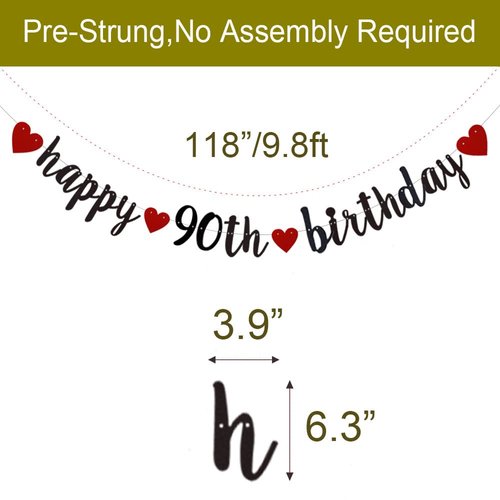 Happy 90th Birthday Banner, Pre-Strung,Black and Red Glitter Paper Garlands for 90th Birthday Party Decorations Supplies,No Assembly Required,Glitter Red and Black,SUNbetterland