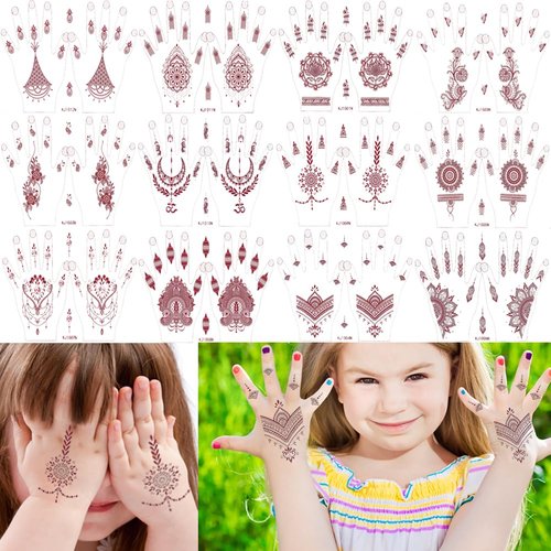 XMASIR Henna Temporary Tattoo Stickers for Kid, 12 Pair Hands Tattoo Brown Body Art Stickers Waterproof Fake Tattoos for Girls Boys Party Decor (Brown-1)