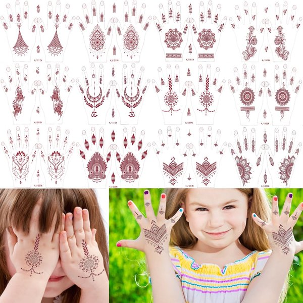 XMASIR Henna Temporary Tattoo Stickers for Kid, 12 Pair Hands Tattoo Brown Body Art Stickers Waterproof Fake Tattoos for Girls Boys Party Decor (Brown-1)