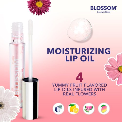 Blossom Lip Oil with Olive Oil + Grape Seed Oil, Moisturizing and Hydrating Shimmer Sparkle, Infused with Real Flowers, 3g, Watermelon