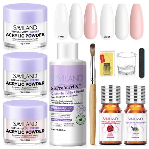 SAVILAND Acrylic Nail Kit: Clear Pink White Acrylic Powder Kit and EMA Acrylic Liquid for Acrylic Nails Extension with 2pcs Essential Oil Acrylic Nail Brush for Beginner Home Salon DIY