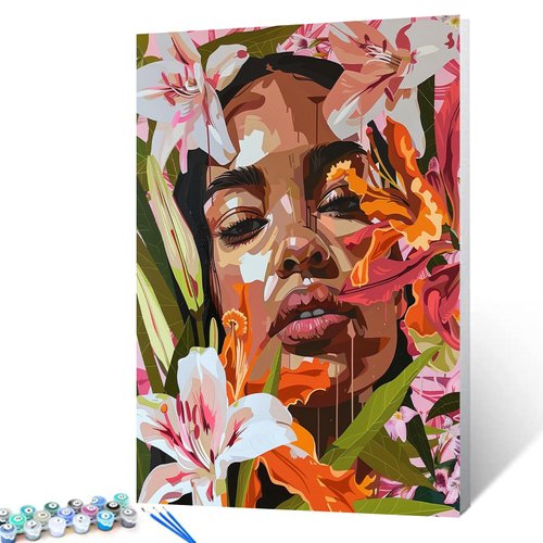 Native Black Girl DIY Paint by Numbers for Adults Lily Flowers on Women Face Oil Acrylic Painting Kits Tropical Wildflowers Canvas DIY Digital Pictures Home Decor 16x20 Inch Boho Gift（DIY Frame）