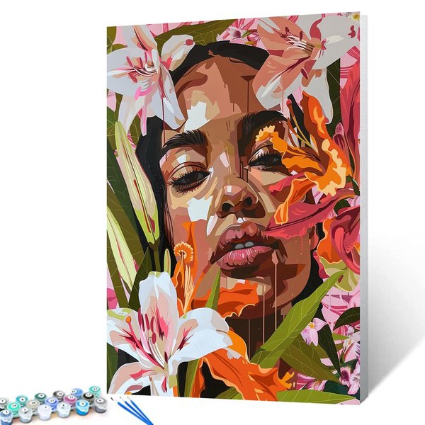 Native Black Girl DIY Paint by Numbers for Adults Lily Flowers on Women Face Oil Acrylic Painting Kits Tropical Wildflowers Canvas DIY Digital Pictures Home Decor 16x20 Inch Boho Gift（DIY Frame）