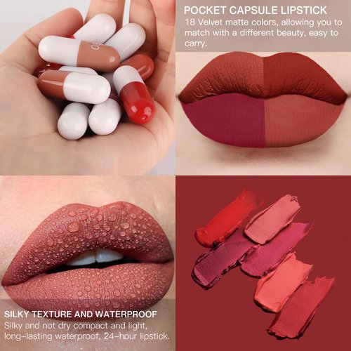 LSxia 18 Colors Capsule Pills Lipstick Mini Lip-Stick Set, Long Lasting Mini Matte Lipstick Lip Stain Lip Tint - Labiales Mate 24 Horas Originales, Cute Dark Red Matte Lipsticks Set for Women