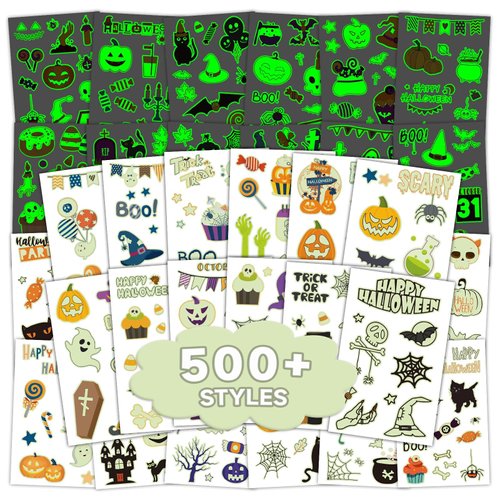 EMOME 500+ Styles Glow Halloween Tattoos for Kids Bulk, Cute Kids Temporary Tattoos Stickers, Halloween Treats Party Supplies Favors Decorations for Boys Girls (56 Sheets)