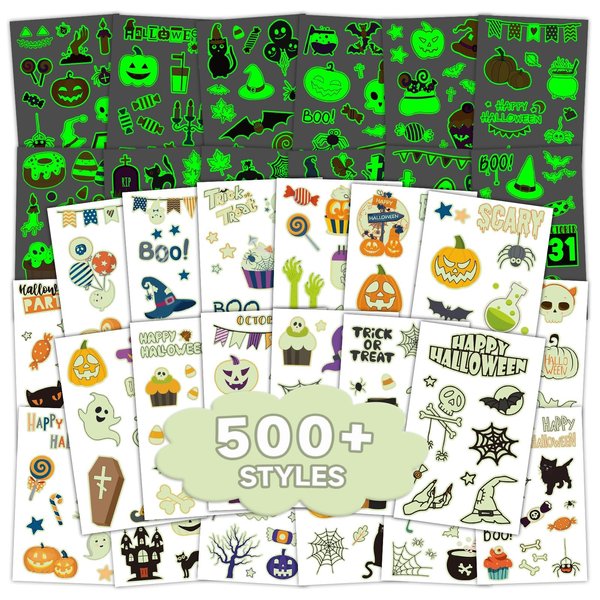 EMOME 500+ Styles Glow Halloween Tattoos for Kids Bulk, Cute Kids Temporary Tattoos Stickers, Halloween Treats Party Supplies Favors Decorations for Boys Girls (56 Sheets)