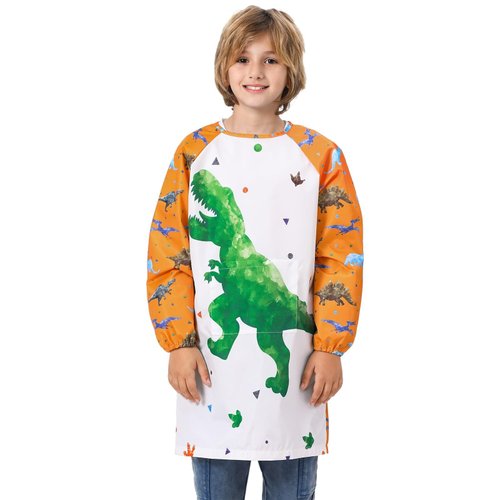 Art Smocks for Kids - Dinosaur Toddler Smock for Painting Boys Art Smock Kids Artist Apron Smock Waterproof for Kids Painting Apron with Long Sleeve Pocket Toddler Green Craft Art Apron Age 8-12