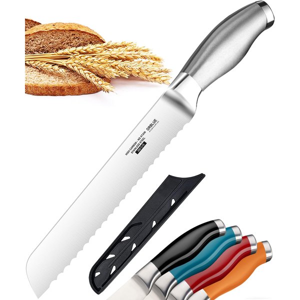 Orblue Serrated Bread Knife with Upgraded Stainless Steel Razor Sharp Wavy Edge Width - Bread Cutter Ideal for Slicing Homemade Bagels, Cake (8-Inch Blade with 5-Inch Handle)