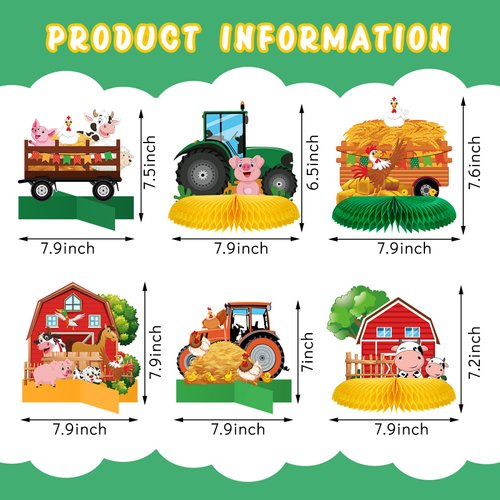 12 Pcs Tractor Farm Party Decorations Tractor Honeycomb Table Centerpiece Tractor Birthday Party Supplies Animal Farmer Table Decors for Cowboy Cowgirl Farmhouse Truck Decor Baby Shower